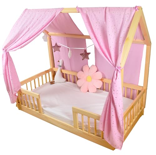 YellowNest Toile de Lit Cabane (2 Pièces) - Ciels de Lit Cabane 70x140 cm - 100% Coton Mousseline - sans Guirlande (Rose, 62 x 270 cm (Set de 2))
