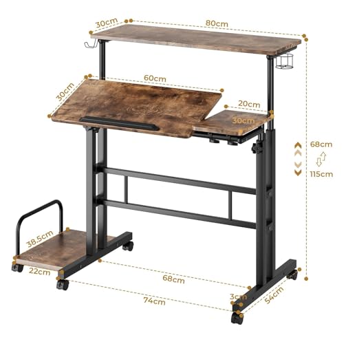 Miniatura 3 de Dripex Mesa De Pie Con Ruedas, Altura Ajustable, Mesa Alta Móvil Con Tablero Inclinable, 80 X 60 Cm, Mesa De Trabajo Para El Hogar Y La Oficina, Color Marrón Vintage, 80 X 60 Cm