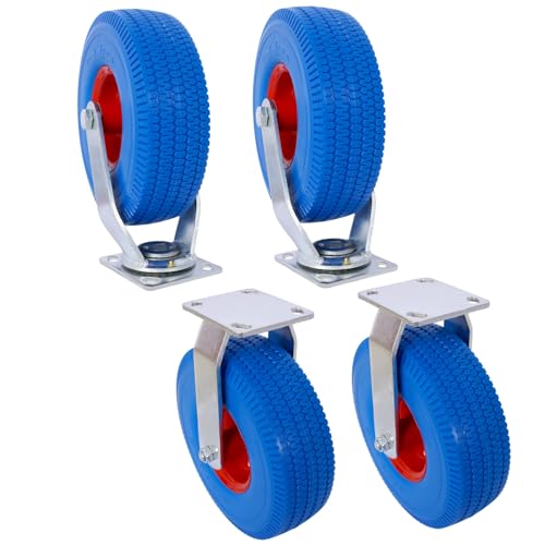 ZenithX 4PCS 10IN Caster Flat Free WHELL(2PCS Swivel+2PCS Rigid), X-Large Flat Free Casters, Swivel Plate, Steel Hub with Ball Bearings, 5/8-Inch Bore Centered Axle -Blue