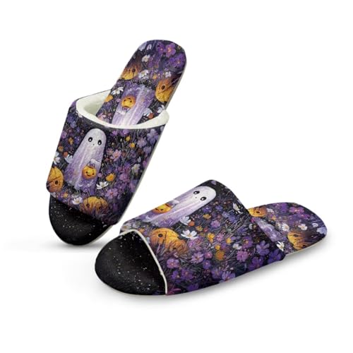 Binienty Halloween Slippers Women Men Spooky Season House Shoes Lightweight Fleece Spa Hotel Open Toe Slippers