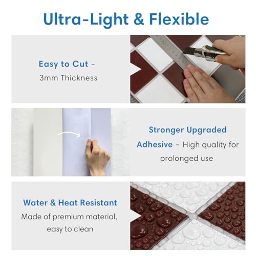 COMSTICKC 3D Fliesenaufkleber Klebefliesen, Matt Rot Weiß, 10 Stück 30×30 cm, Ultraleicht Flexible PVC 3D Wandfliesen Selbstklebend Fliesen Wandverkleidung Küche Bad, Nicht Echte Fliese