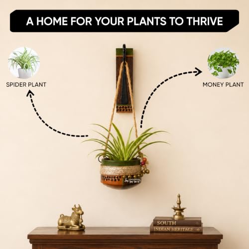 Image of AAKRITI ART CREATIONS Wall Hanging Planter with Hook | Jute Embellished Earthen Planter on Classic Wall Hook, Modern Art, Matte Finish | Metal, Terracotta & Wood