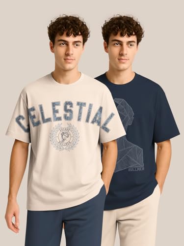 Image of BULLMER Trendy Half Sleeve Oversized Cotton Blend Crew Neck Tshirt for Men - Pack of 2
