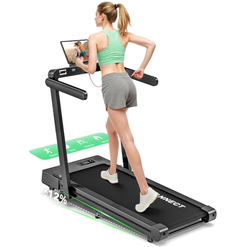 VANNECT 12% Incline Folding Treadmill, 14KM/H Treadmills for Home Foldable with APP & Heart Rate, Wider Belt, 400LBS Capacity Professional Running Machine for Home Office Use, Dual LED Screen