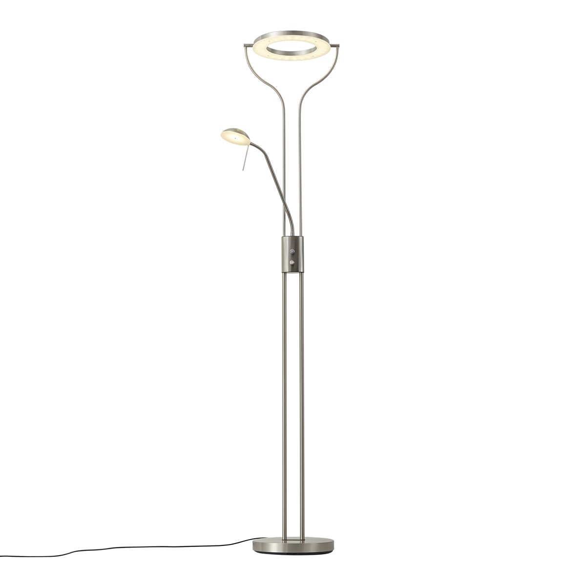 Qazqa led Modern Deckenfluter mit Lesearm, Stehleuchte, Stehlampe - Divo - Silber Farbe, inkl. 18W integrierter LED, dimmbar, 2-flammig, 195cm, Ideal als Bürolampe, Küche lampe, Schlafzimmerlampe
