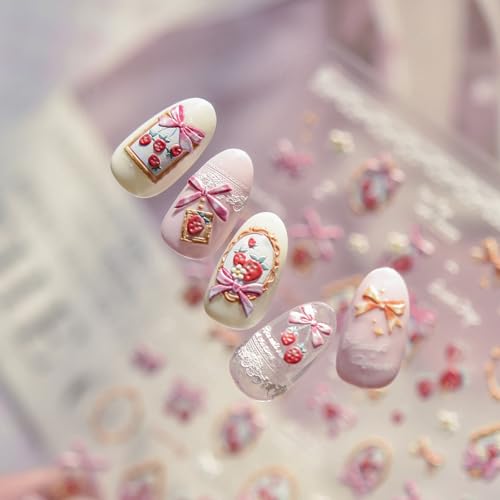 Image of Strawberry & Bow Nail Stickers for Nail Art - Retro Frame Design 5D Embossed Self Adhesive Nails Decals for Women Manicure DIY Decoration Accessories Supply Charms (1 Sheet)