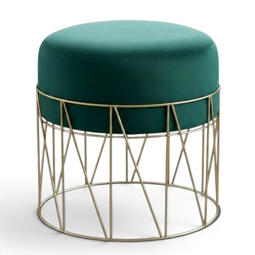 Image of Premium Gold Metal Ottoman Pouffe Stool & Footrest for Living Room & Bedroom | Bottle Green Soft & Classy Mosha Fabric with Linear Frame | 18 inch Height | Luxury Multipurpose Furniture & Home Decor