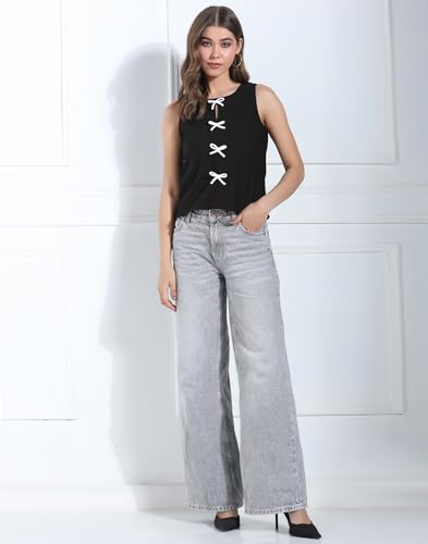 Image of Selvia Women's Solid Black Sleeveless Top with Front Bow Tie-Up Detail