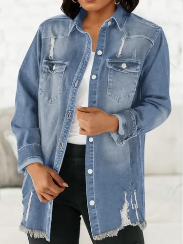 Women's Oversized 2 Piece Denim Jacket Casual Long Sleeve Shirts Distresse Jean Coat 2025 Outfits (Pack of 2)3