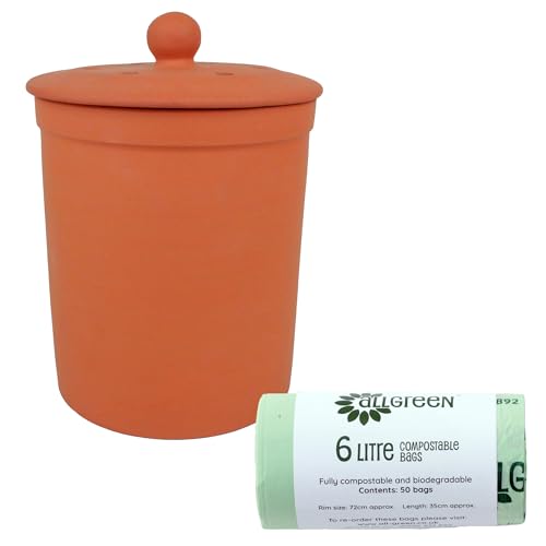 Terracotta Ceramic Kitchen Compost Caddy & 50x All-Green Compostable Bags - Chetnole ceramic composting Bin for Food Waste Recycling