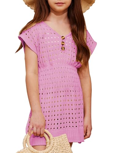 Girls Summer Crochet Swim Beach Cover Up Button Elastic Waist Beach Dress 5-14 Years2