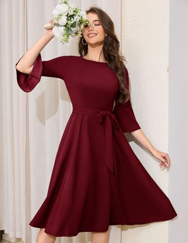 Image of HomRain Women's Church Dresses Modest Bell Sleeve Wedding Guest Cocktail Tea Party Vintage Evening Dress