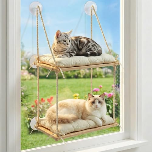 Loscarol Katzen- Fensterstange für große Katzen, doppellagiger Holz- Katzen- Hängemattensitz mit robusten Saugnäpfen, einfache Montage, Schweller, Ledge Bett für mehrere Kätzchen, Sonnenliege im