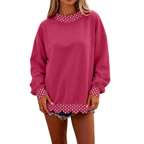Womens Mock Neck Sweatshirt Patchwork Scalloped Edge Polka Dot Pullover - image 1