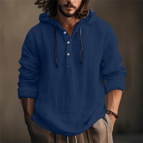 Linen Hoodie Men Lightweight Long Sleeve Button Down Shirts with Hood Summer Trendy Plain Drawstring Hooded Shirts2