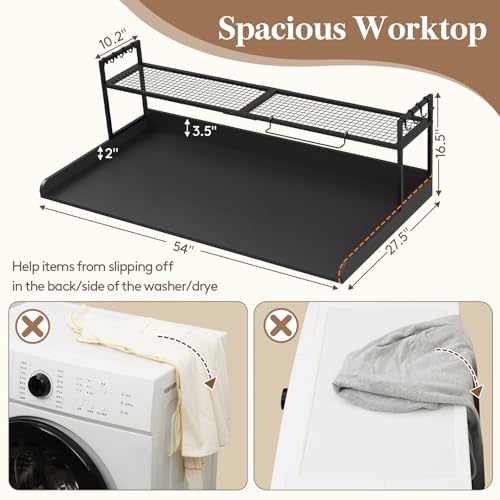 Image of Lifewit Washer Dryer Countertop with Adjustable Shelf,Black,54''x 27.5'' | Adjustable shelf, melamine top cover, edge rails and towel rack support up to 200 lb for laundry room storage