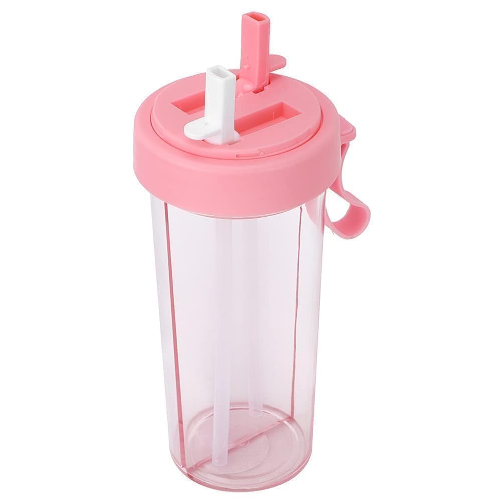 Beufee Water Bottle, Dual Use Water Portable Large Capacity Straw Bottle Clear Dual-use Drink Cup Travel Sport Cup with 2 Straw 21oz(Pink)