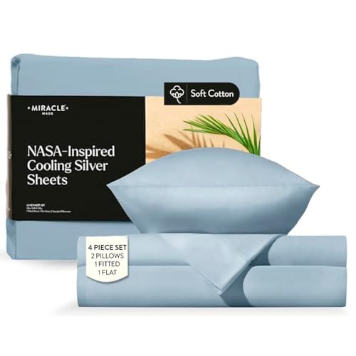 Miracle Made Breathable Cotton Bed Sheets, 4-Piece Set – Silver-Treated, Soft and Cool-to-The-Touch Lightweight Bedding Designed for Hot Sleepers – Queen Size, Sky Blue