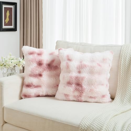 FUTEI Pink White Decorative Throw Pillow Covers 24x24 Inch Set of 2,Soft Fuzzy Faux Rabbit Fur European Cushion Covers with Raised Texture,Neutral Boho Home Decor for Couch Bed Living Room