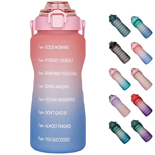 Justfwater 2l Sport Gourde avec Paille, 2 Litre Bouteille d'eau avec Marqueur de Temps Motivation (B2-Rose Foncé/Bleu) Cover
