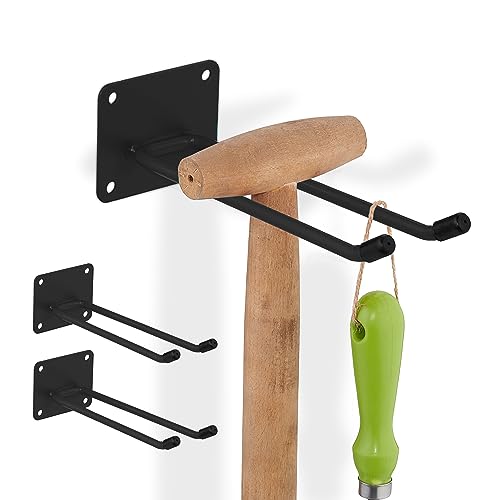 Relaxdays Gerätehalter 3er Set, Doppelhaken, Besenhalter für die Wand, Garten, HxBxT: 7,5 x 9 x 24 cm, Stahl, schwarz