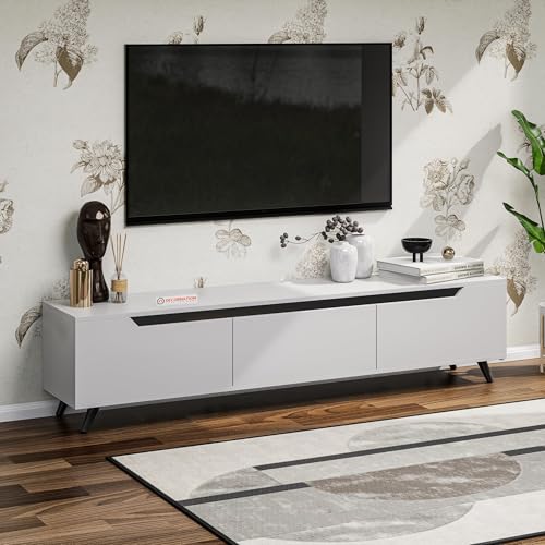 Image of DecorNation Nova Wooden TV Unit Stand (Large) - Modern Entertainment Table with 3 Closed Compartments for Living Room, Bedroom & Office (71 x 13.3 x 16.6 Inches, White Finish)