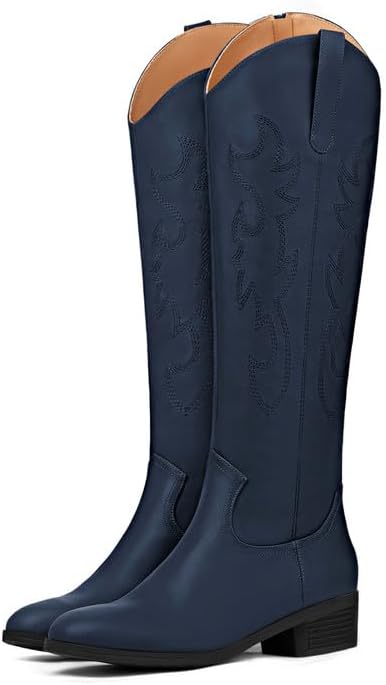 Botas vaqueras bordadas hasta la rodilla para mujer, tacón bajo y grueso, botas occidentales de invierno con cremallera lateral