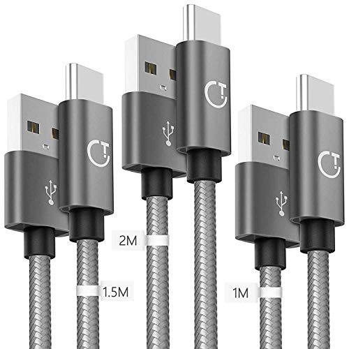 Gritin USB C Cable, [3Pack/3ft, 5ft, 6.6ft] USB Type C Nylon Braided Fast Charging Cable Cord for Samsung Galaxy S9/S8+, Note 8, Nintendo Switch, Sony Xperia XZ, Google Pixel,OnePlus 5T(Grey)
