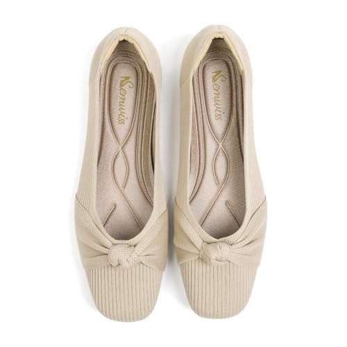 SemwissWomen Ballet Flats Square Toe Comfortable Dressy Slip on mesh Knitted Flat with Bow Office Shoes.