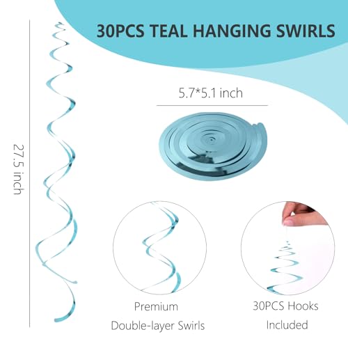 Image of Teal Hanging Swirls Party Decorations 30 Pack- Extra Long Double Swirl Ceiling Decorations for Birthday, Baby Shower, Christmas, Wedding | Reusable Teal Party Streamers with Hooks