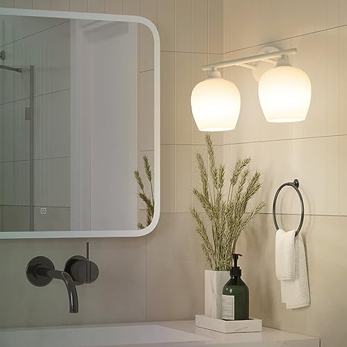 Image of ONEWISH Bathroom Light Fixtures - Modern Wall Sconces 2 Light, Wall Lamp for Vanity Light Over Mirror, Opal Glass Globe Lamp for Bedroom, Living Room, Hallway, Kitchen, Soft Lighting E26 Socket White