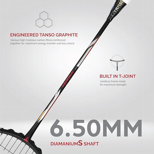 Image of TANSO Black Aeroray Strung Professional Badminton Racket (35 Lbs Tension, 6.5mm Ultra Slim Solid Shaft, Recommended by Padukone School of Badminton)