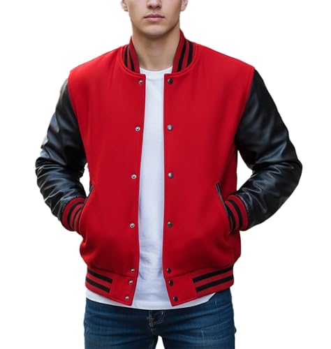 Image of Men's College Highschool Style Wool Bomber Jacket | Casual Winter Varsity Letterman College Leather Jacket, Red & Black