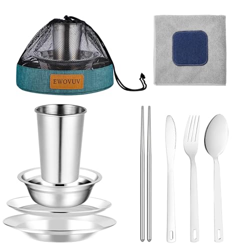 Camping Mess Kit - for Camping 1 to 2 Person boy Scout Camp Dishes Camping Cooking Utensils Accessories Plates Dinnerware Set Outdoor (1 Person Set Green)