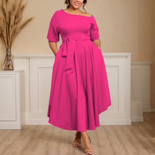 Image of Plus Size Women Wedding Guest Dress Off Shoulder Boat Neck Irregularly Flowy Midi Church Dress