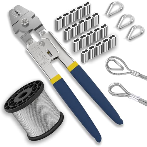 YingYa BIS Wire Rope Crimping Tool Kit 100FT Stainless Steel Cable 100PCS Aluminum Crimping Loop Sleeve Wire Rope Thimble