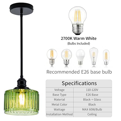 Image of MAYNA 1 Pack Modern Pendant Light with Green Striped Glass Lmapshade, Black Vintage Pendant Light, Adjustable Hanging Light for Kitchen Island Dining Room Hallway(Bulb Included)