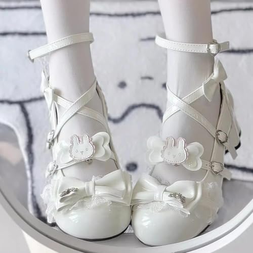 Cute Lolita Mary Jane Shoes for Women Cute Bunny Bow with Lace Trim and Round Toe Low Cat Paw Heel3