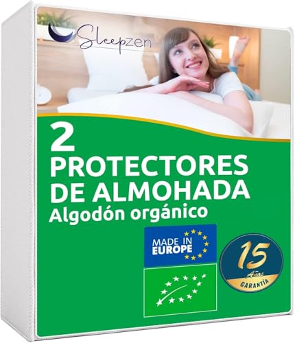 Protectores de Almohada 50x60cm algodón orgánico, no Impermeable, Juego de 2, Hecho en Europa, Forro de algodón Transpirable y Absorbente, Funda de Almohada, Cierre Tipo sobre