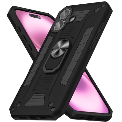oakxco for iPhone 16 Plus Case with Magnetic Ring Stand Holder, Rugged Grip Military-Grade Drop Proof Camera Protection Phone Case with Kickstand, Heavy Duty Hard Shell Cover for Men Women, Black