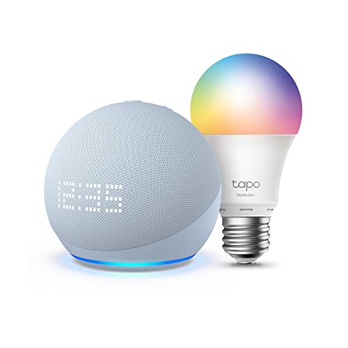 Echo Dot (5e génération, modèle 2022) avec horloge, Bleu-gris + TP-Link Tapo Ampoule LED Connectée Multicolore (E27), Fonctionne avec Alexa - Kit de démarrage Maison connectée