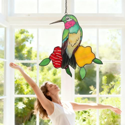 Stained Glass Hummingbird Suncatcher - Sun Catchers Indoor Window Hanging Ornament, Handmade Bird Suncatcher for Windows, Unique Gift for Women/Mom/Bird Lovers (6.4x5.5 Inch)