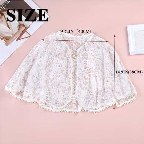 Urieo Bridal Lace Cape Shawl with Pearl Trim, White Floral Wedding Capelet, Wraps Shrug for Evening Dress2