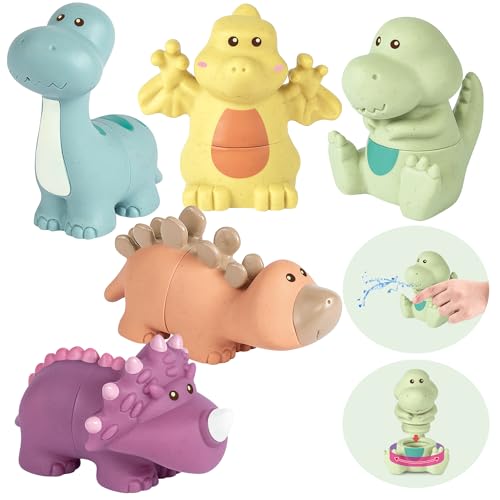 Image of AMCHSURI Squirting Dinosaur Bath Toys 5 Pack | Spray Water Toys for 6-18M & 1-3Y | Bathtub, Pool, Water Table & Shower Play | Safe Bath Gift for Boys Girls