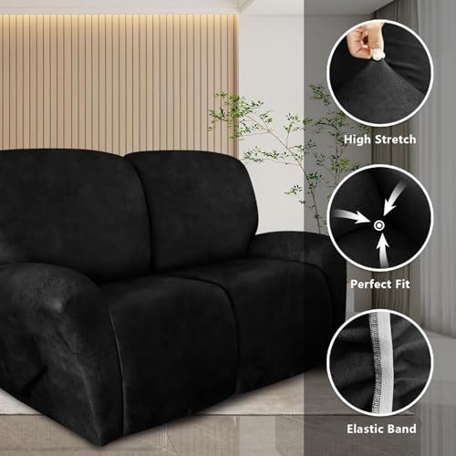 Image of molasofa Loveseat Recliner Slipcovers - 6 Pieces Stretch Leather Like Recliner Sofa Covers for 2 Seat Dual Reclining Loveseat Couch Furniture Protector with Elastic Bottom (Black)