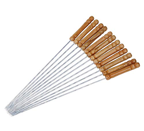 Jvin Fab (Life Long Guarantee of Bending) 4 mm Pure Stainless Steel 4 Pecs Round/Square Very Thick & Strong Grilling Skewers with Wooden Handle (14 Inch (4 pecs Stick))