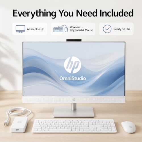 Image of HP OmniStudio 27 Inch All-in-One Desktop PC, Intel Core Ultra 7 355 Processor, 64 GB DDR5 RAM, 1 TB SSD, 27 inch Full HD Touchscreen Display, Adjustable Height, 49 TOPS AI PC, Windows 11 Pro, Cotton White
