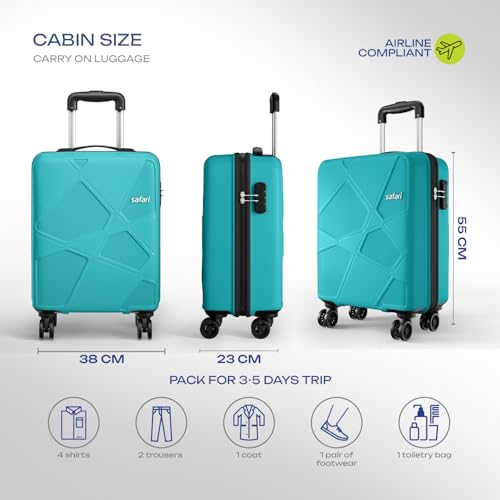 Image of Safari Pentagon Pro 8 Wheels 55Cm Cabin Trolley Bag Hard Case Polypropylene, 360º Wheeling Carry On Luggage for Men & Women, Travel Suitcase, Cyan