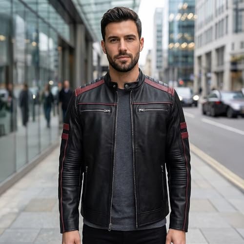 Image of Leather Jacket Men - Real Lambskin Motorcycle Jacket with Snap Tab Collar, Adjustable Waist & Zippered Pockets