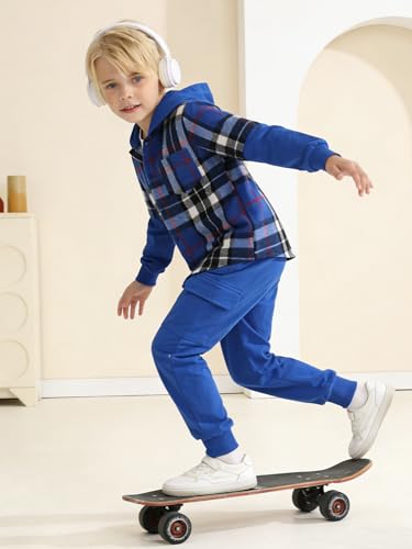 Image of 2Pcs Boys Clothes Sweatsuit Set Hoodie Flannel Plaid Shirt and Jogger Pants for Kids Fall Winter Spring Outfits